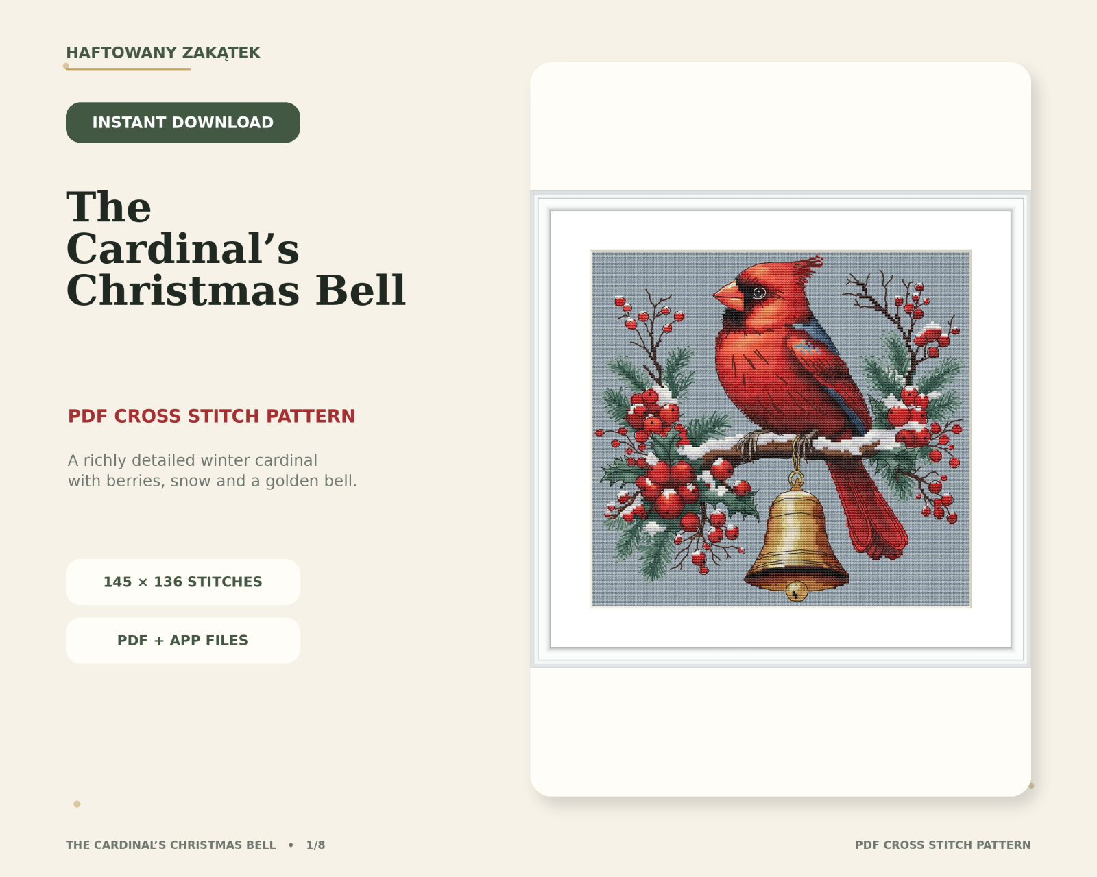 The Cardinal’s Christmas Bell – cyfrowy wzór haftu krzyżykowego - obrazek 2
