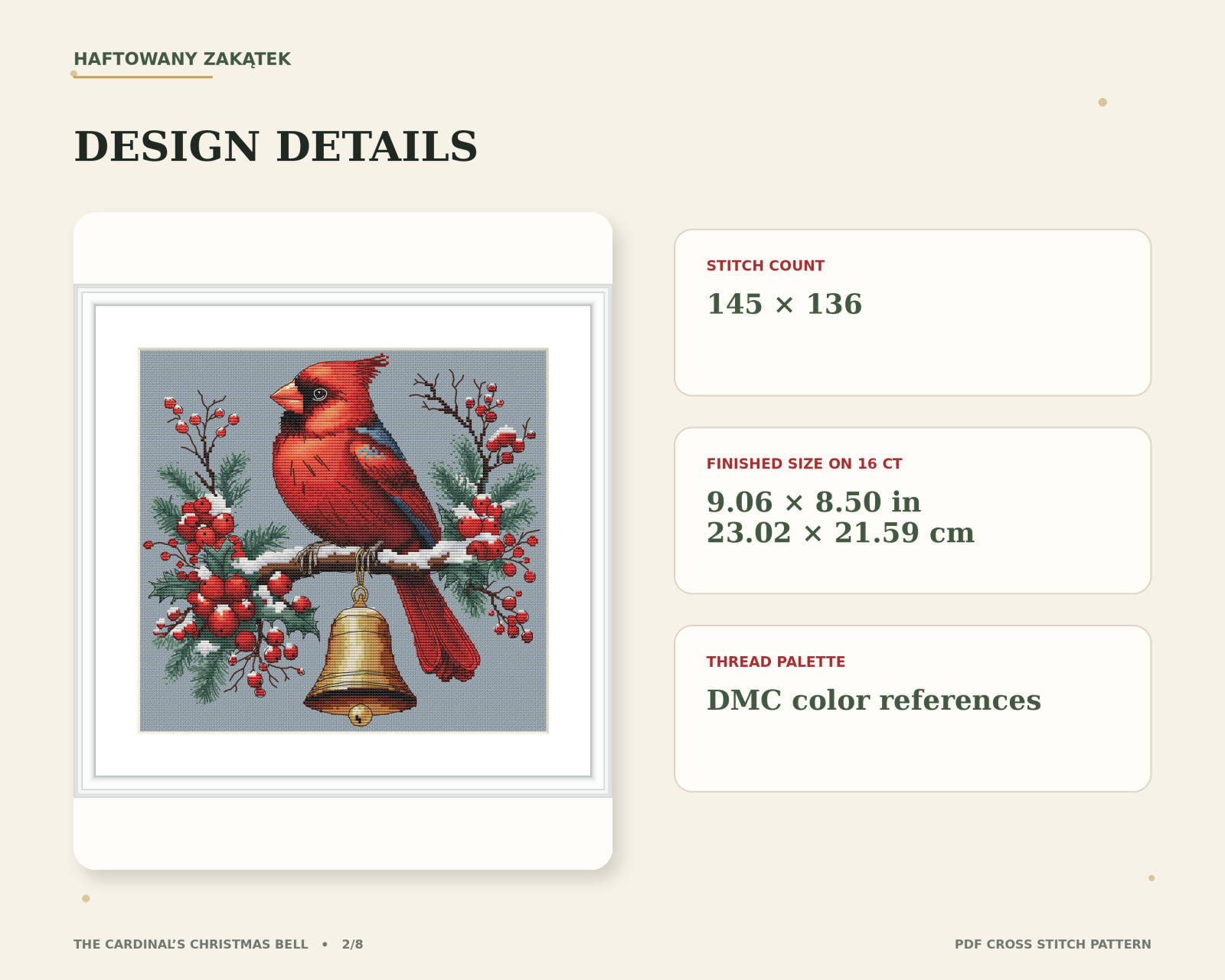 The Cardinal’s Christmas Bell – cyfrowy wzór haftu krzyżykowego - obrazek 3